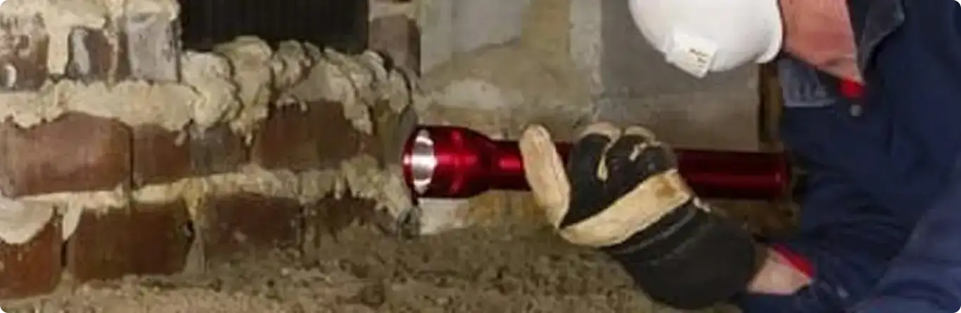 Pest control technician inspecting a crawl space for ant activity in Meridianville, AL