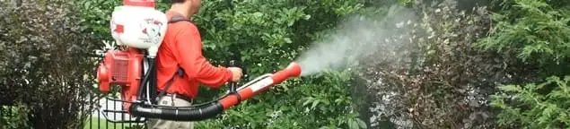 Mosquito control technician fogging shrubs and landscaping for mosquito treatment in Huntsville, AL