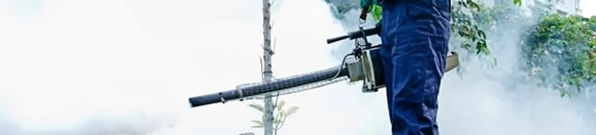 Pest control technician fogging an outdoor area for insect control in Huntsville, AL
