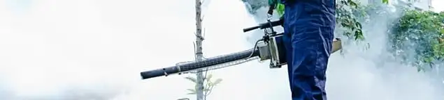 Pest control technician fogging an outdoor area for insect control in Huntsville, AL