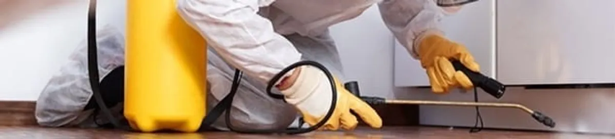 Roach exterminator treating cracks and crevices along kitchen baseboards in Huntsville, AL
